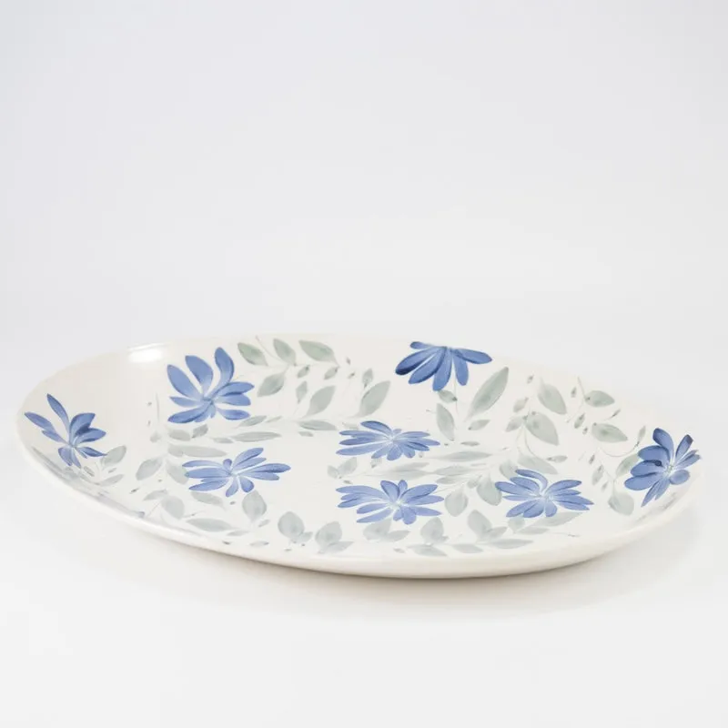 14 Oval Platter with Blue Flowers & Green Leaves