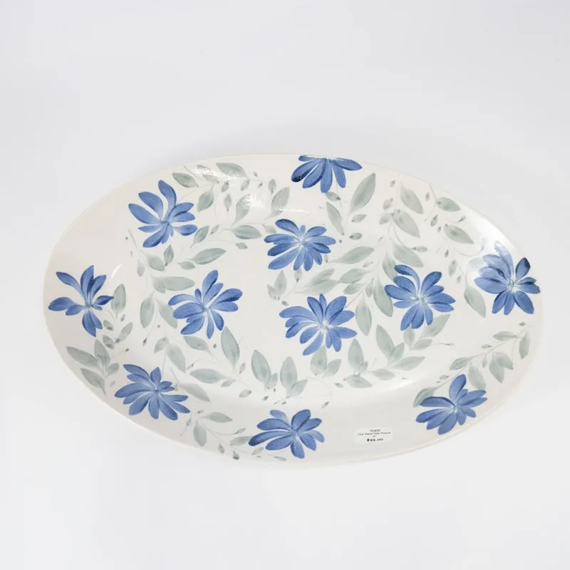 14 Oval Platter with Blue Flowers & Green Leaves