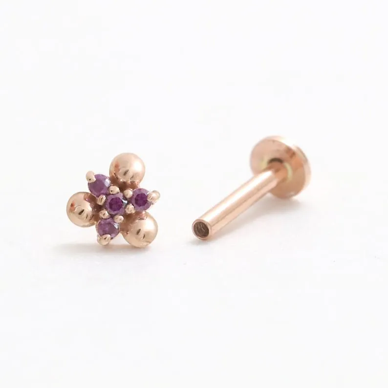 14K Gold Cartilage Helix Tragus Conch Genuine Purple Diamonds Triple Bal Internally Threaded Flat Back Earring Labret