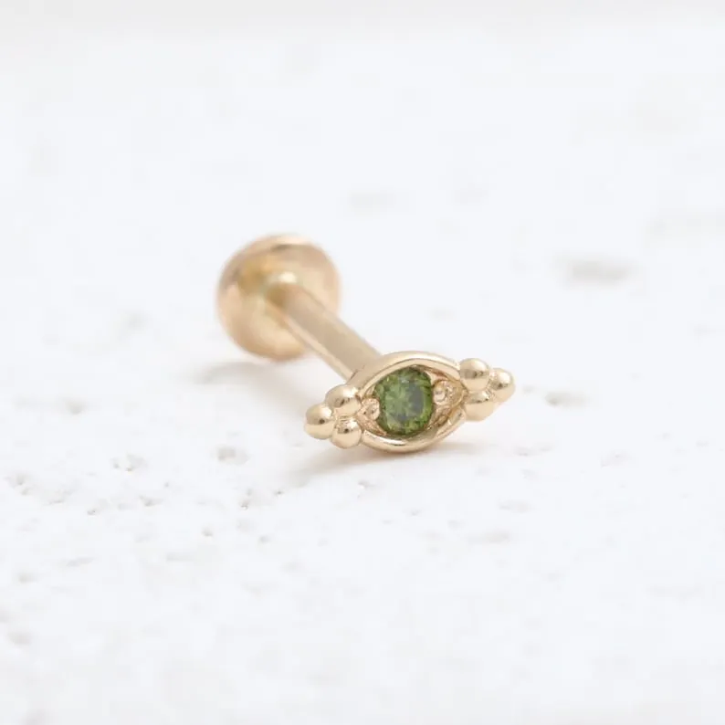 14K Gold Cartilage Helix Tragus Conch Green Diamond Evil Eye Internally Threaded Flat Back Earring Labret