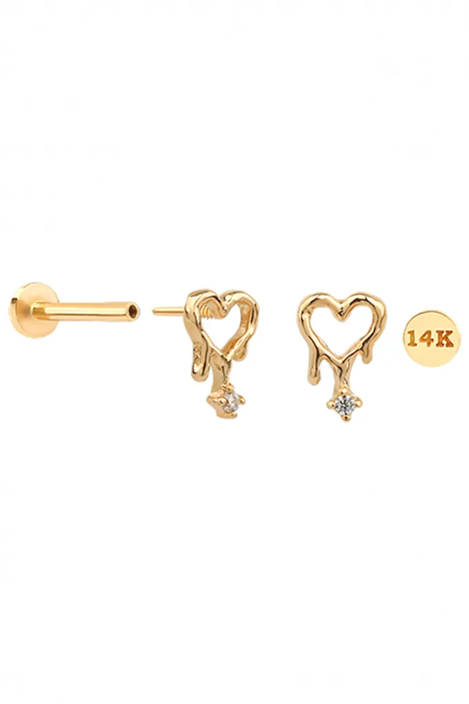 14K Gold CZ, Moissanite, Lab or Genuine Diamond Heart Internally Threaded Flat Back Earring Labret