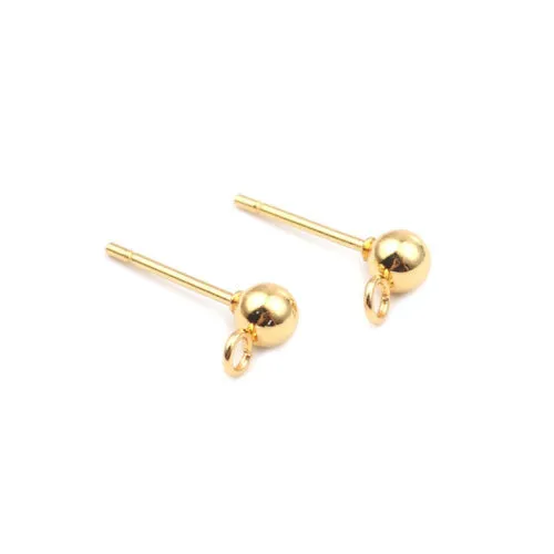 Ball Post Stud Earring Findings, 202 Stainless Steel, With 304 Stainless Steel Pins And Open Loop, Golden, 15x4mm