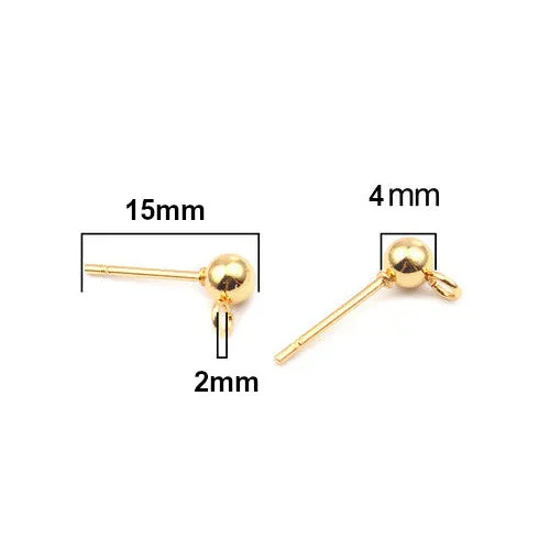 Ball Post Stud Earring Findings, 202 Stainless Steel, With 304 Stainless Steel Pins And Open Loop, Golden, 15x4mm