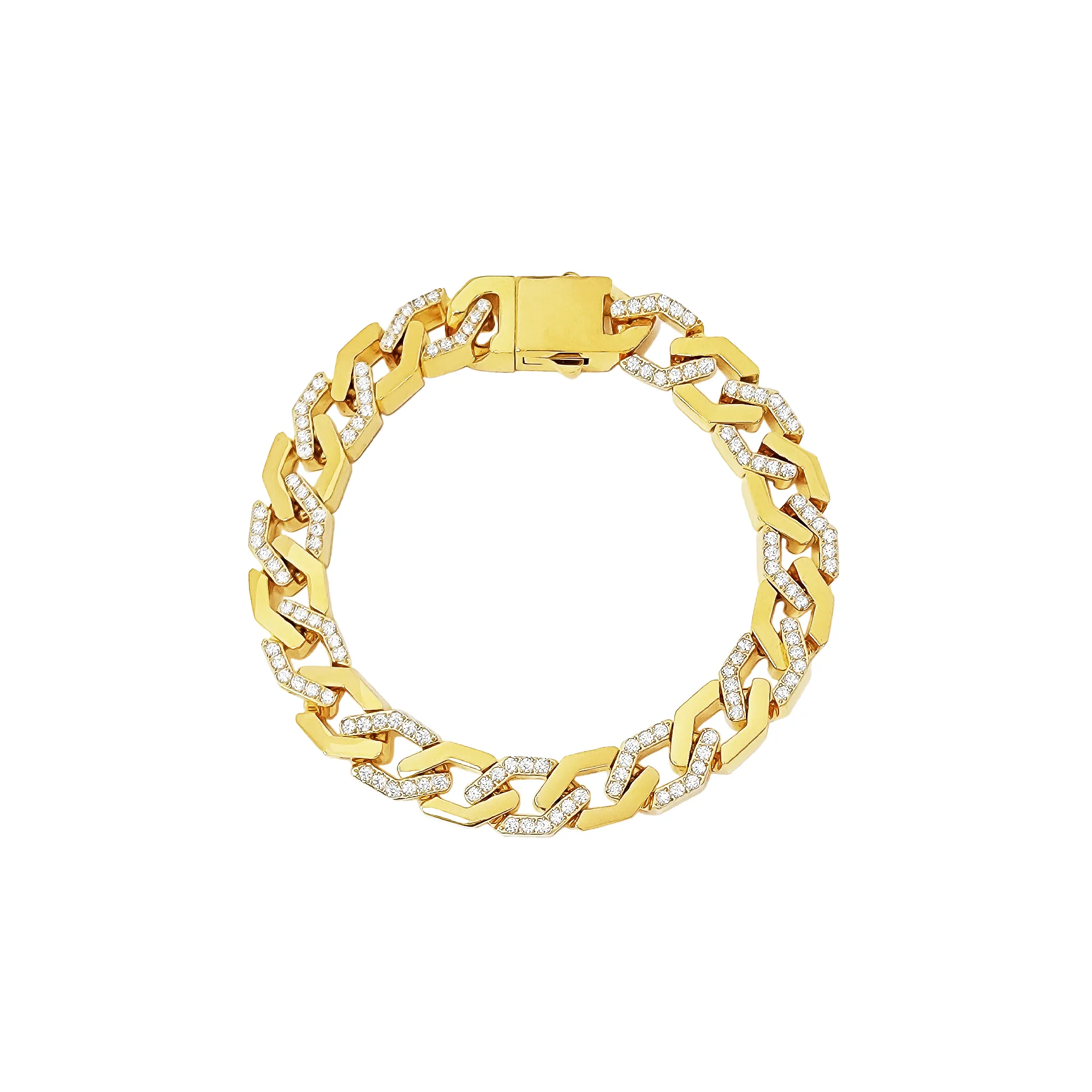 BG101G B.Tiff Pavé High Polish Flat Angular Cuban Link Gold Plated Stainless Steel Bracelet