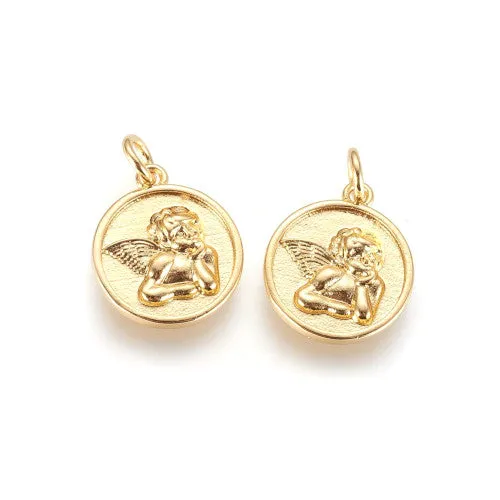 Charms, Raphael Angel, Single-Sided, Flat, Round, Golden, Brass, 15mm