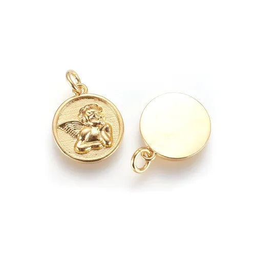 Charms, Raphael Angel, Single-Sided, Flat, Round, Golden, Brass, 15mm