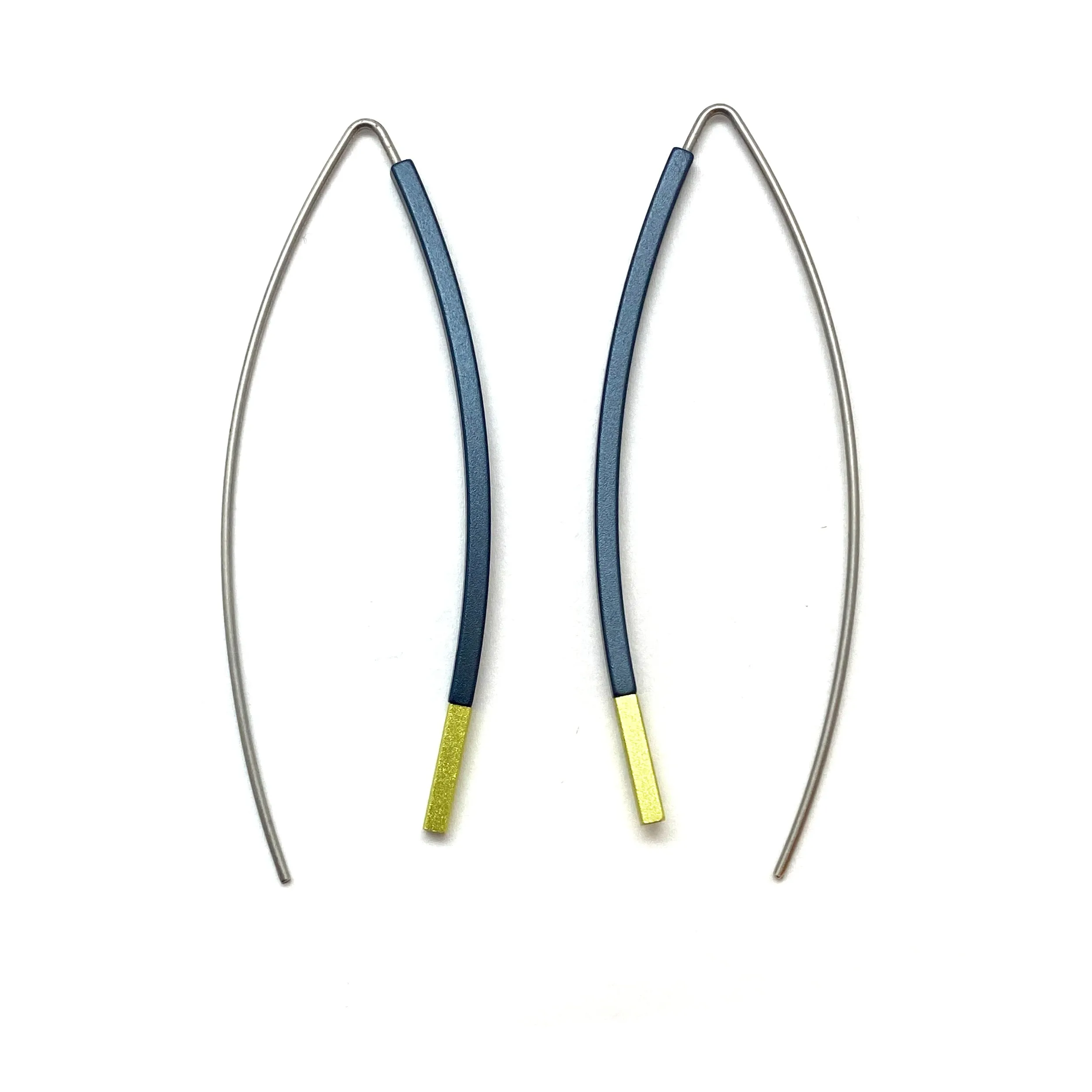 Curved Matchstick Bow Earrings - Gunmetal Gray and Lime Green