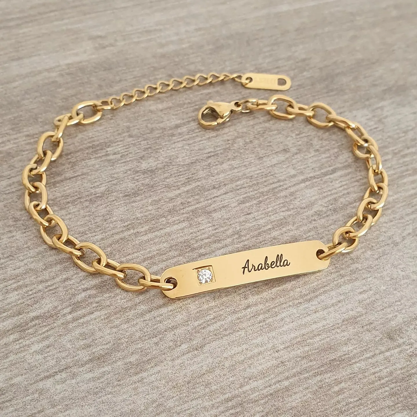 Gianna Gold Personalized Stainless Steel CZ ID bracelet, Adjustable Size (Ready in 3 Days)