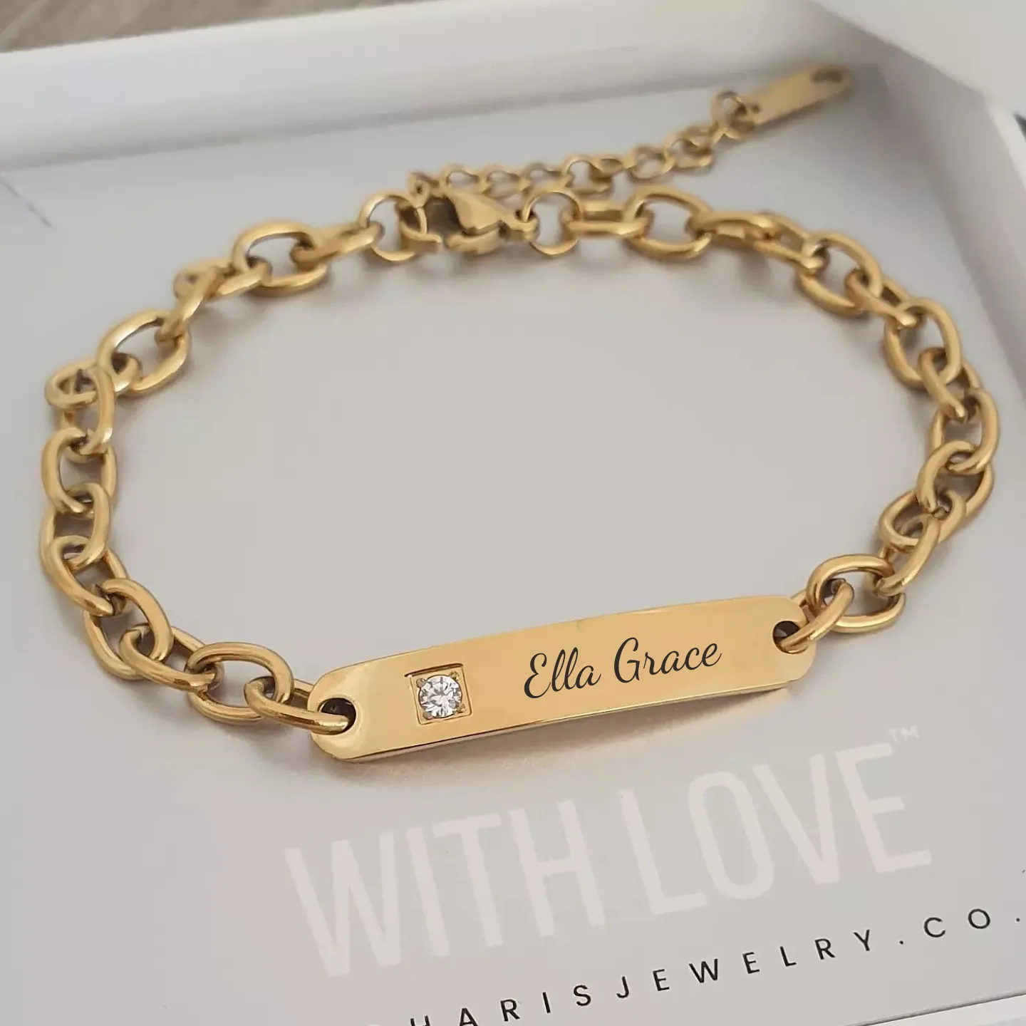 Gianna Gold Personalized Stainless Steel CZ ID bracelet, Adjustable Size (Ready in 3 Days)