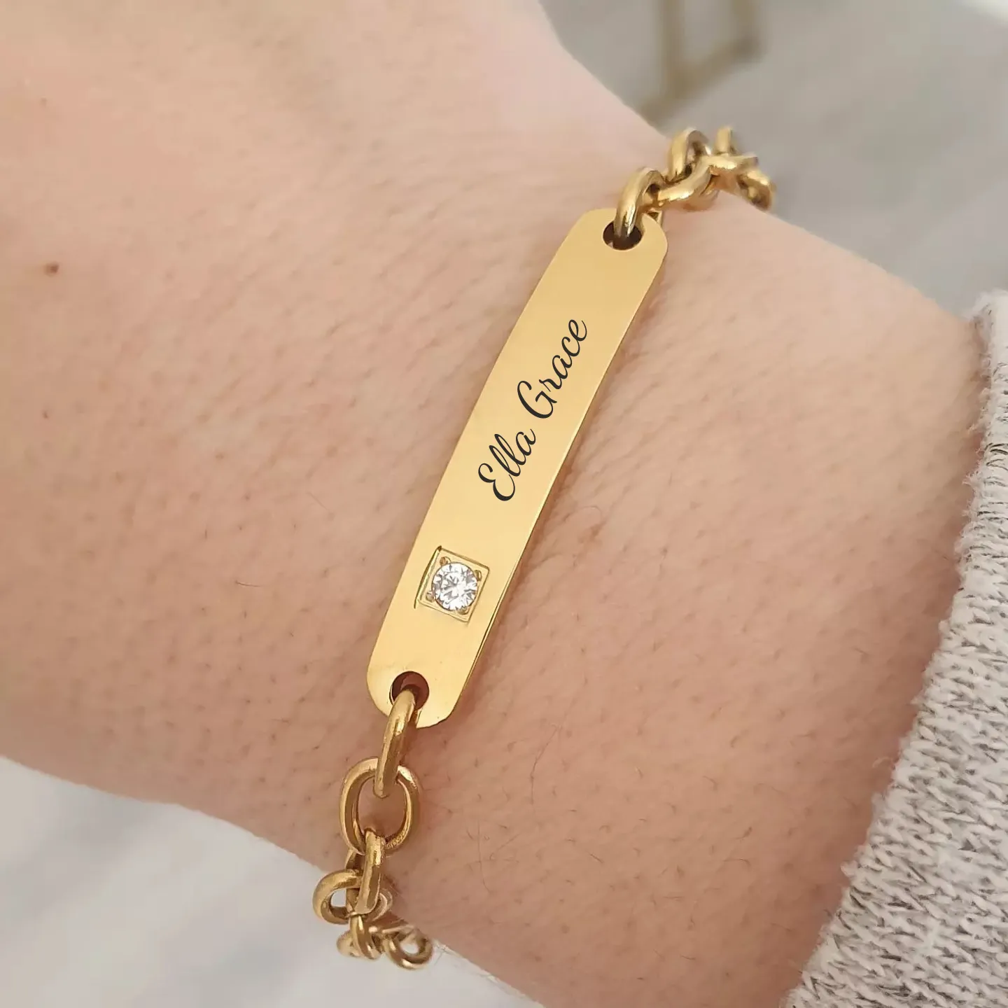 Gianna Gold Personalized Stainless Steel CZ ID bracelet, Adjustable Size (Ready in 3 Days)