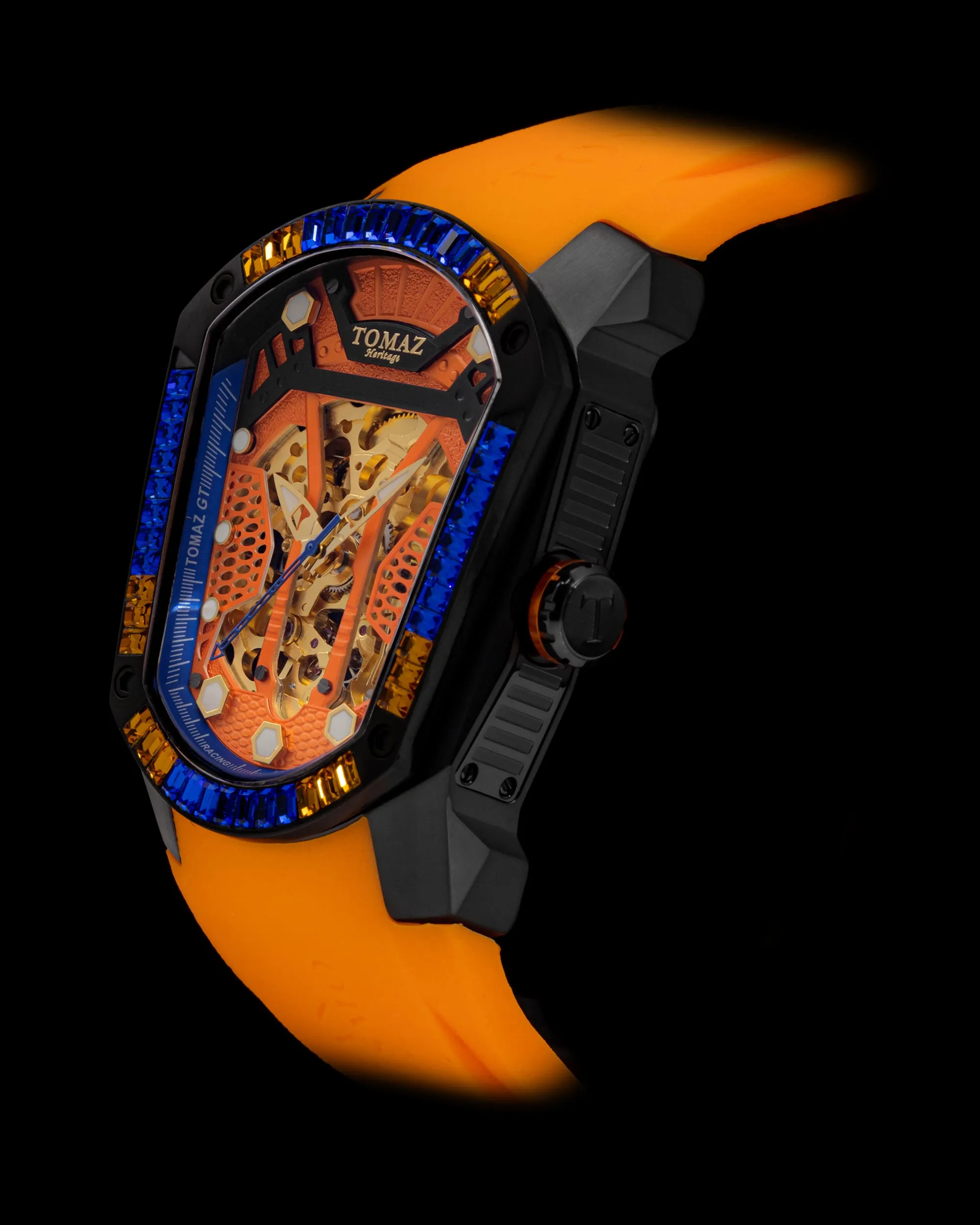 GT Skeleton TW028-D15 (Black/Orange) with Orange Blue Swarovski (Orange Rubber Strap)