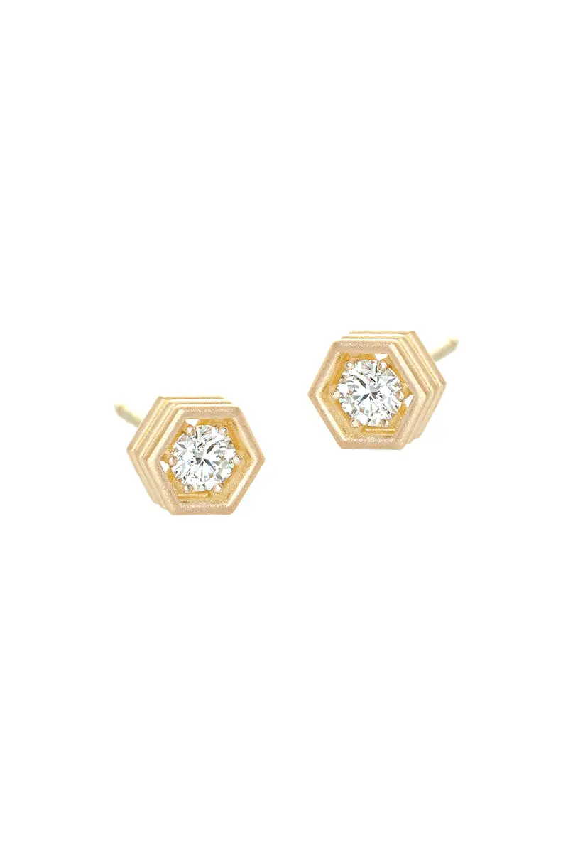 Hex Strata Stud Earrings - White Diamonds in Yellow Gold