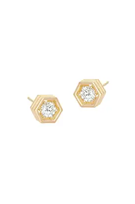 Hex Strata Stud Earrings - White Diamonds in Yellow Gold