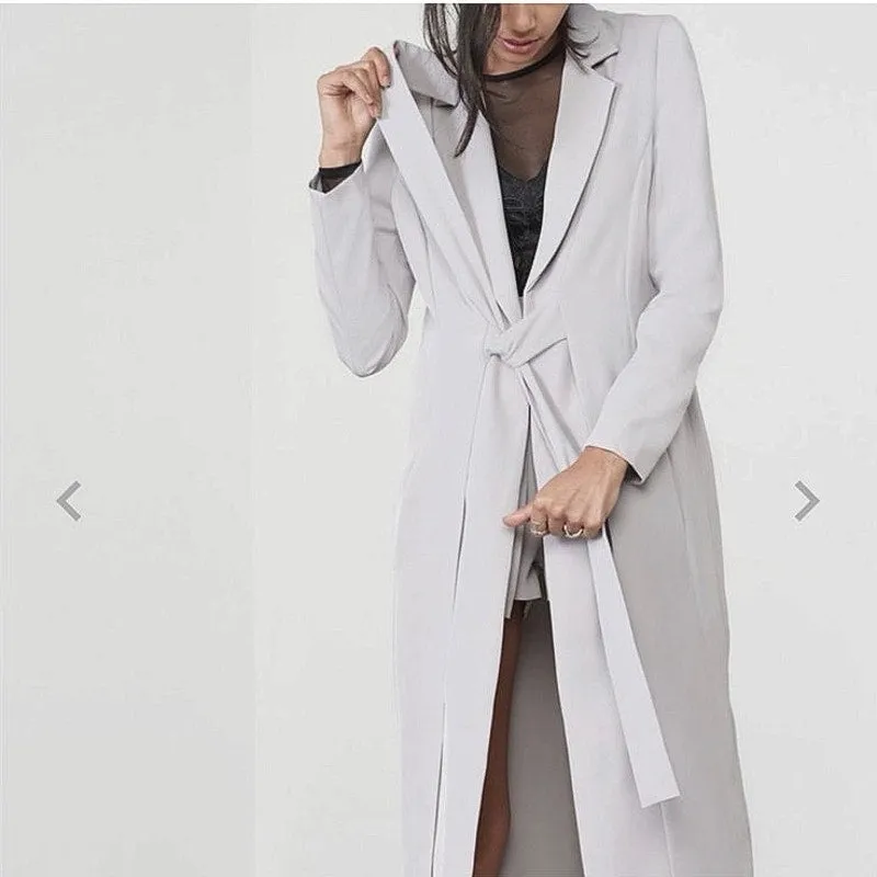 Lavish Alice Gray White Tie Front Notch Collar Duster Trench Coat Jacket Size XS