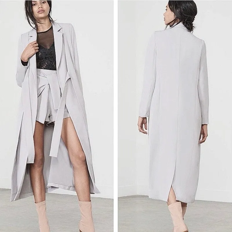 Lavish Alice Gray White Tie Front Notch Collar Duster Trench Coat Jacket Size XS