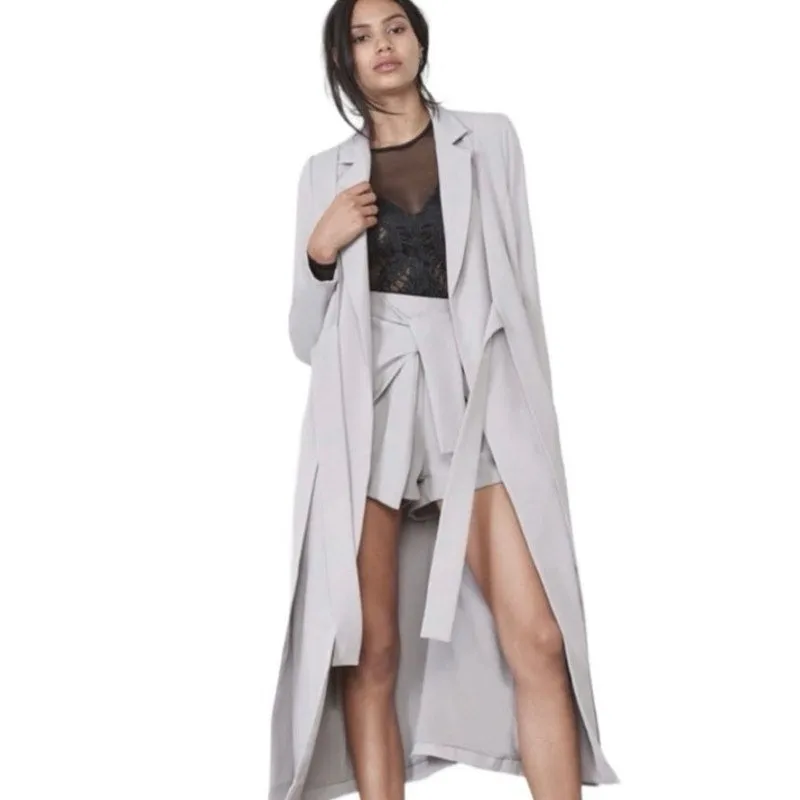 Lavish Alice Gray White Tie Front Notch Collar Duster Trench Coat Jacket Size XS