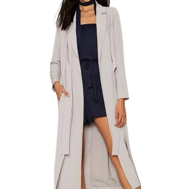 Lavish Alice Gray White Tie Front Notch Collar Duster Trench Coat Jacket Size XS