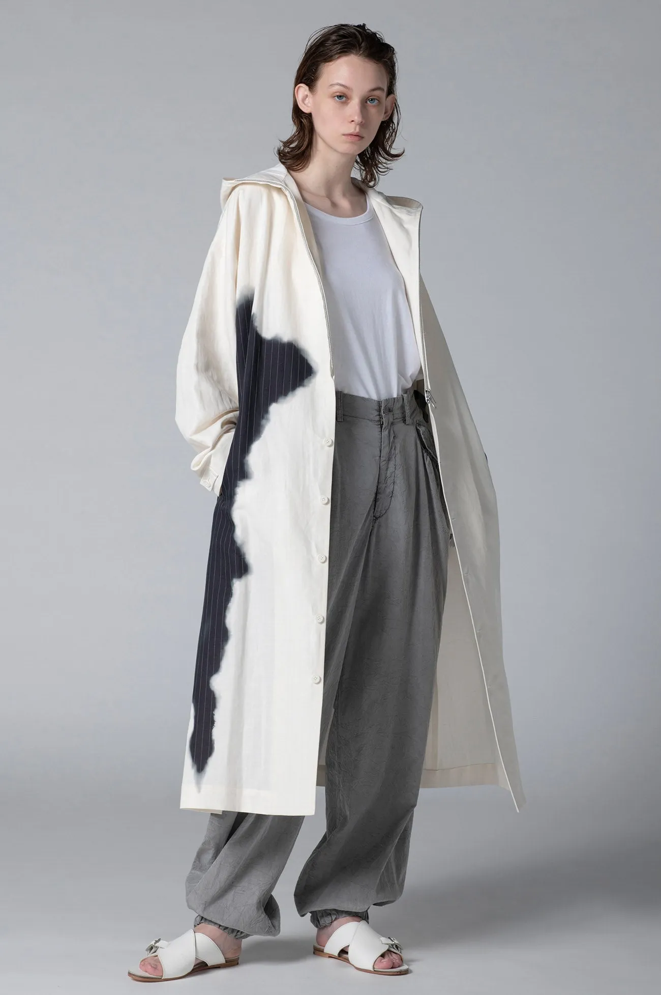 LINEN/COTTON HOODED COAT WITH PARTIAL PINSTRIPE PATTERN