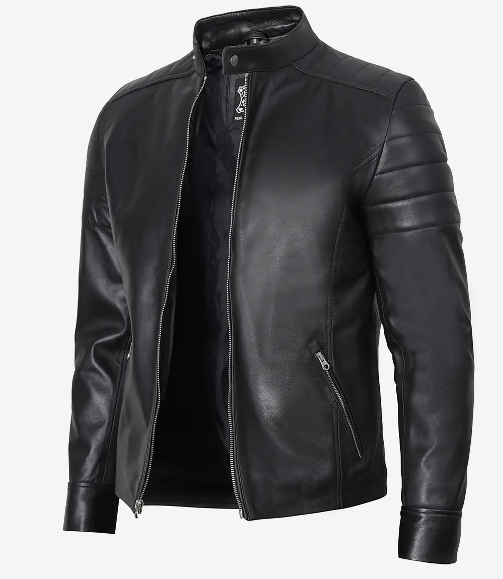 Men's Classic Black Leather Cafe Racer Jacket