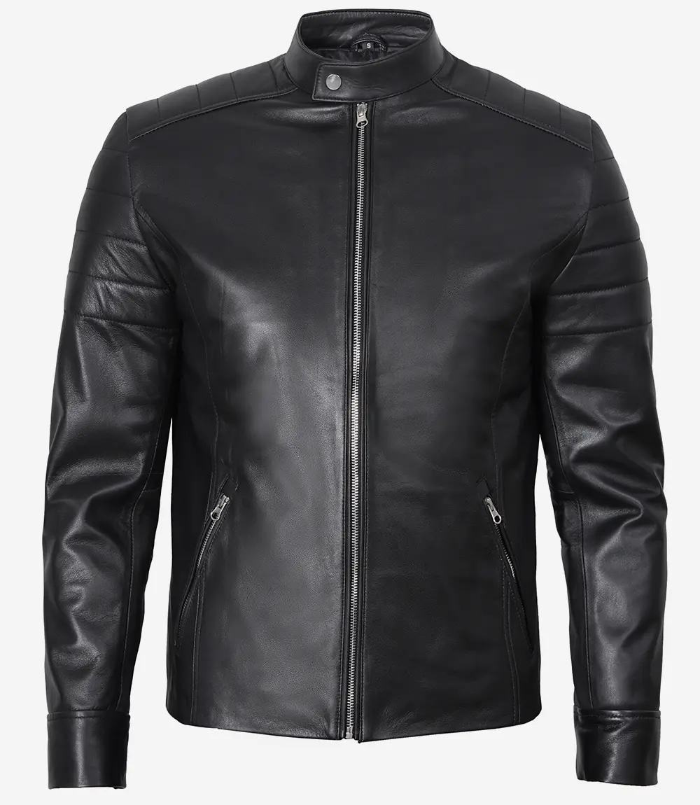 Men's Classic Black Leather Cafe Racer Jacket