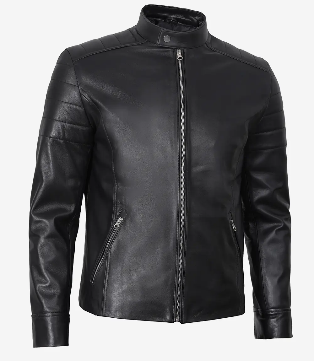 Men's Classic Black Leather Cafe Racer Jacket