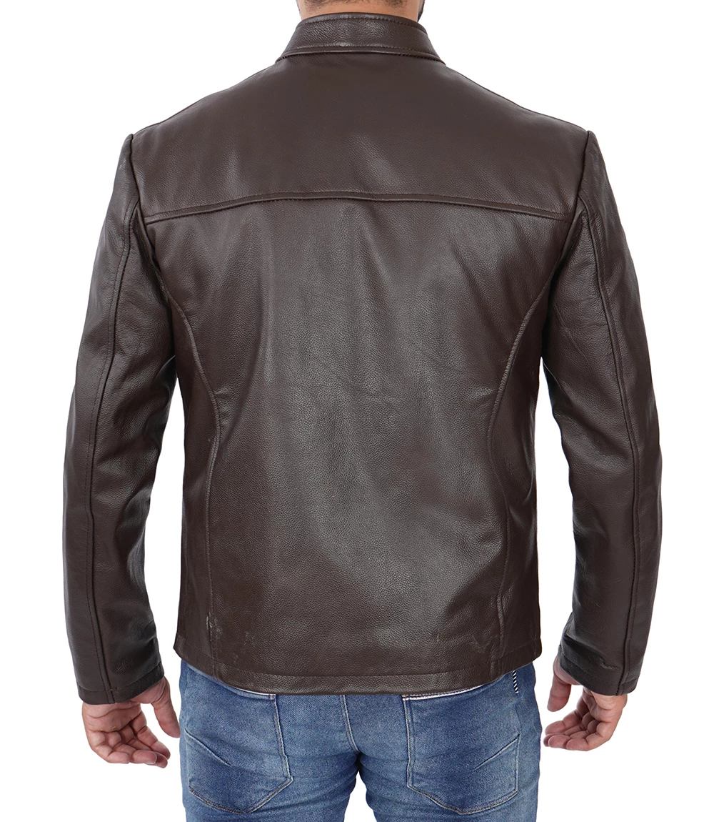 Men's Dark Brown Cowhide Leather Cafe Racer Jacket 