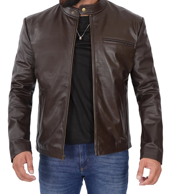 Men's Dark Brown Cowhide Leather Cafe Racer Jacket 