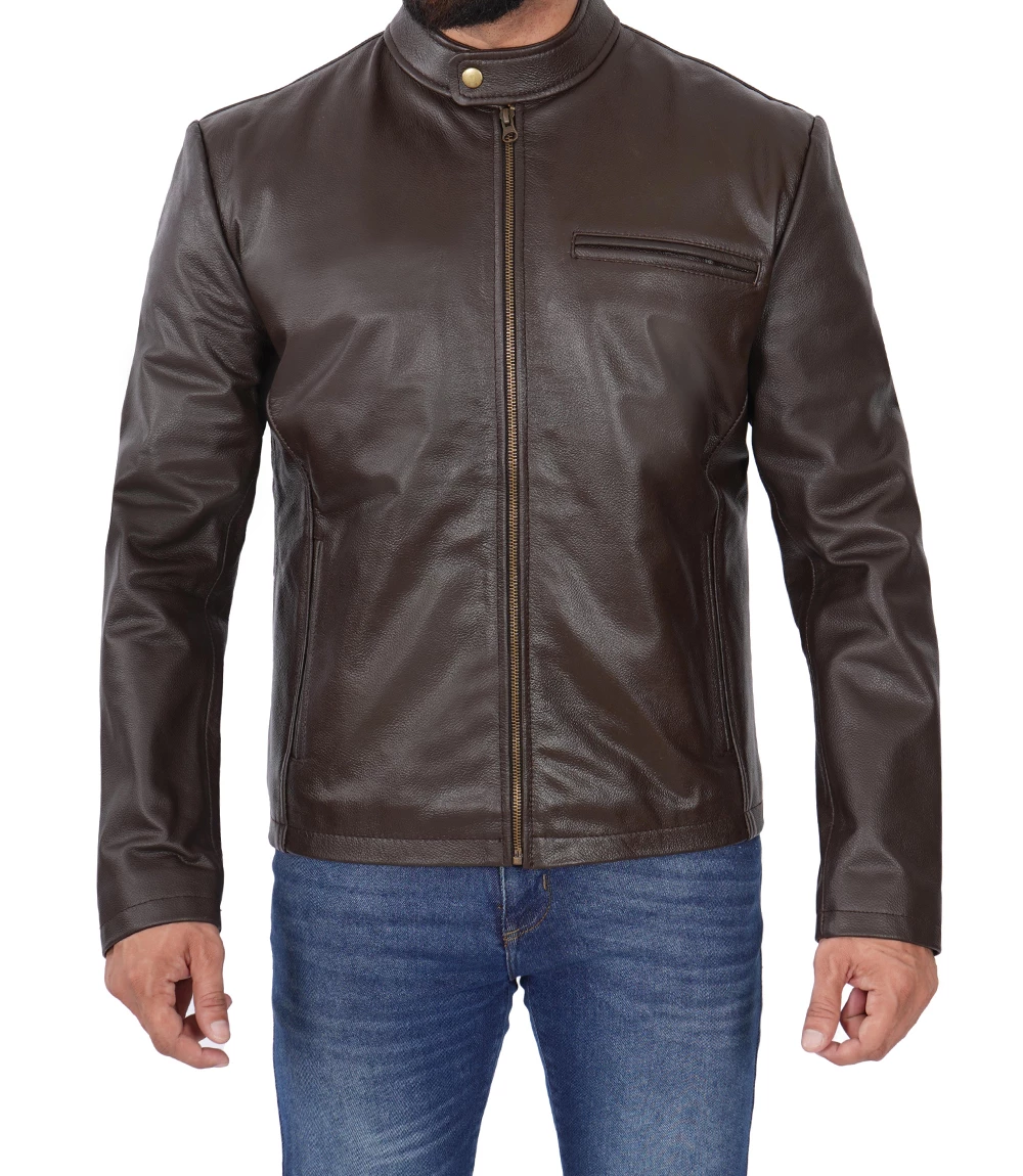 Men's Dark Brown Cowhide Leather Cafe Racer Jacket 