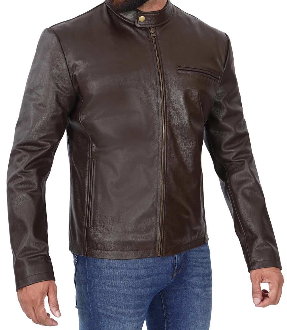 Men's Dark Brown Cowhide Leather Cafe Racer Jacket 