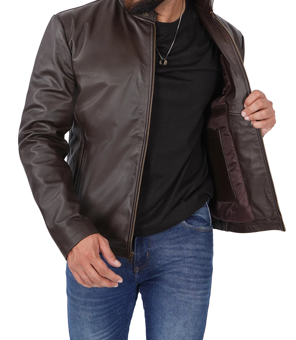 Men's Dark Brown Cowhide Leather Cafe Racer Jacket 