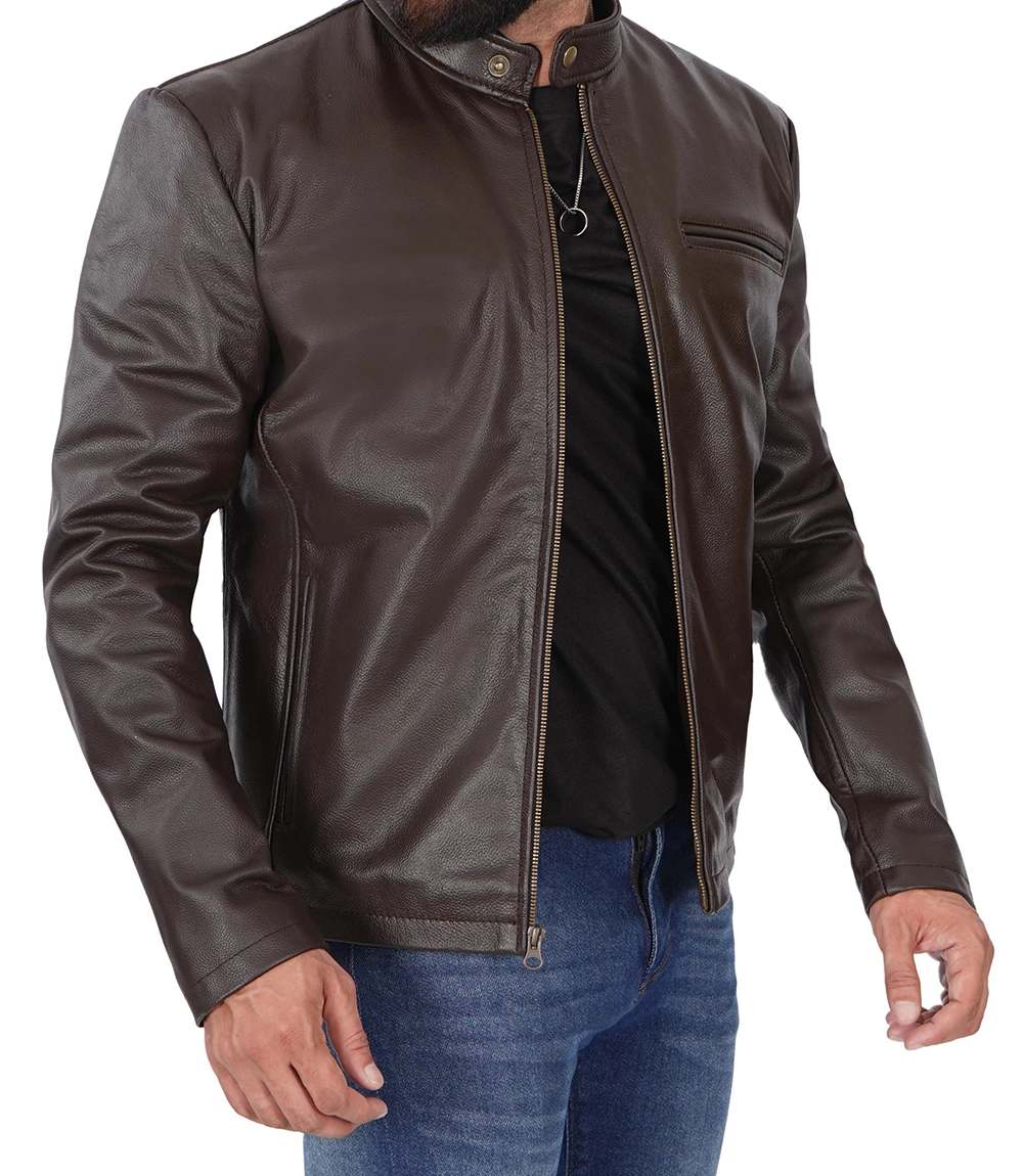 Men's Dark Brown Cowhide Leather Cafe Racer Jacket 