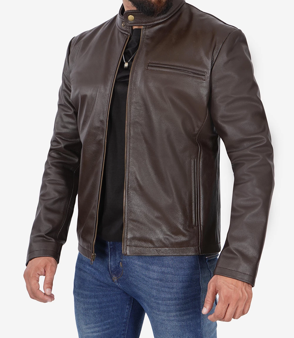 Men's Dark Brown Cowhide Leather Cafe Racer Jacket 