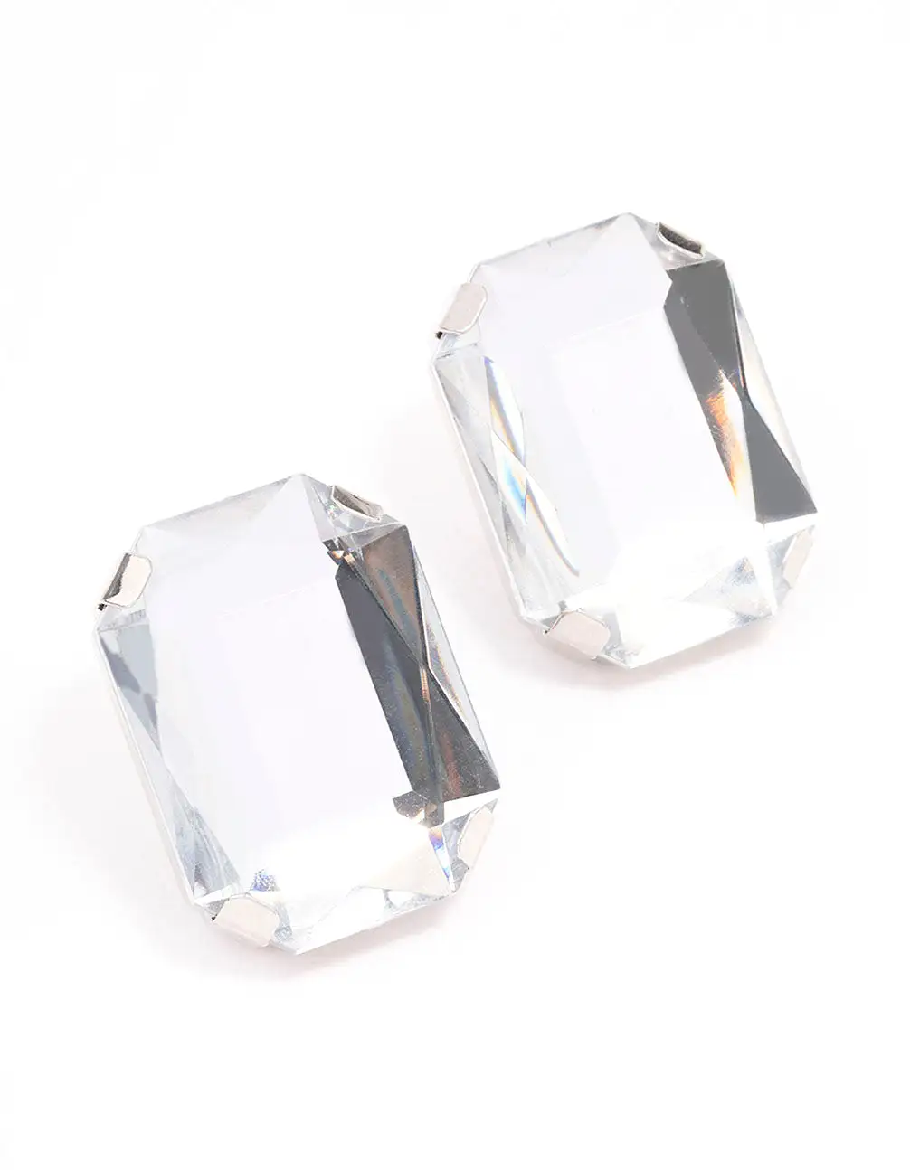 Rhodium Large Diamante Stud Clip On Earrings