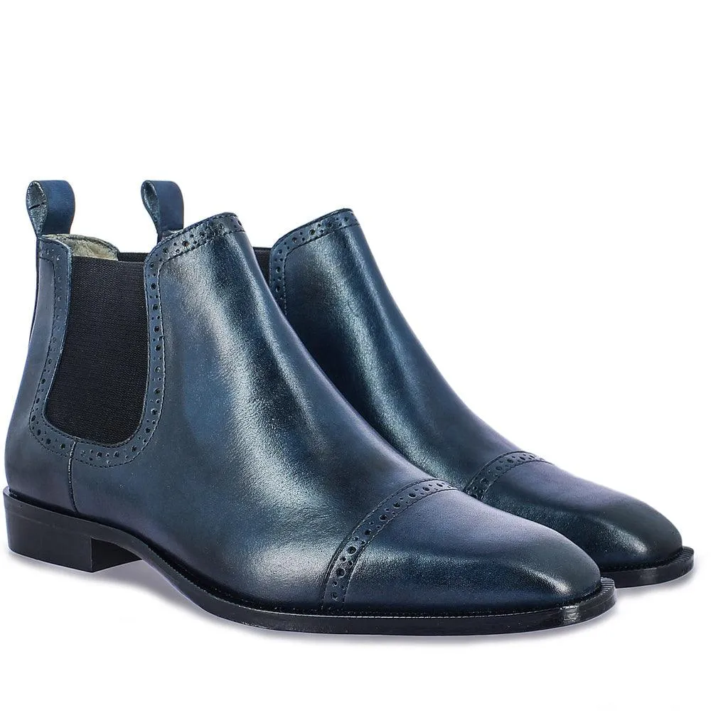 Saint Frederico Navy Leather Brogue Detail Chelsea Boots