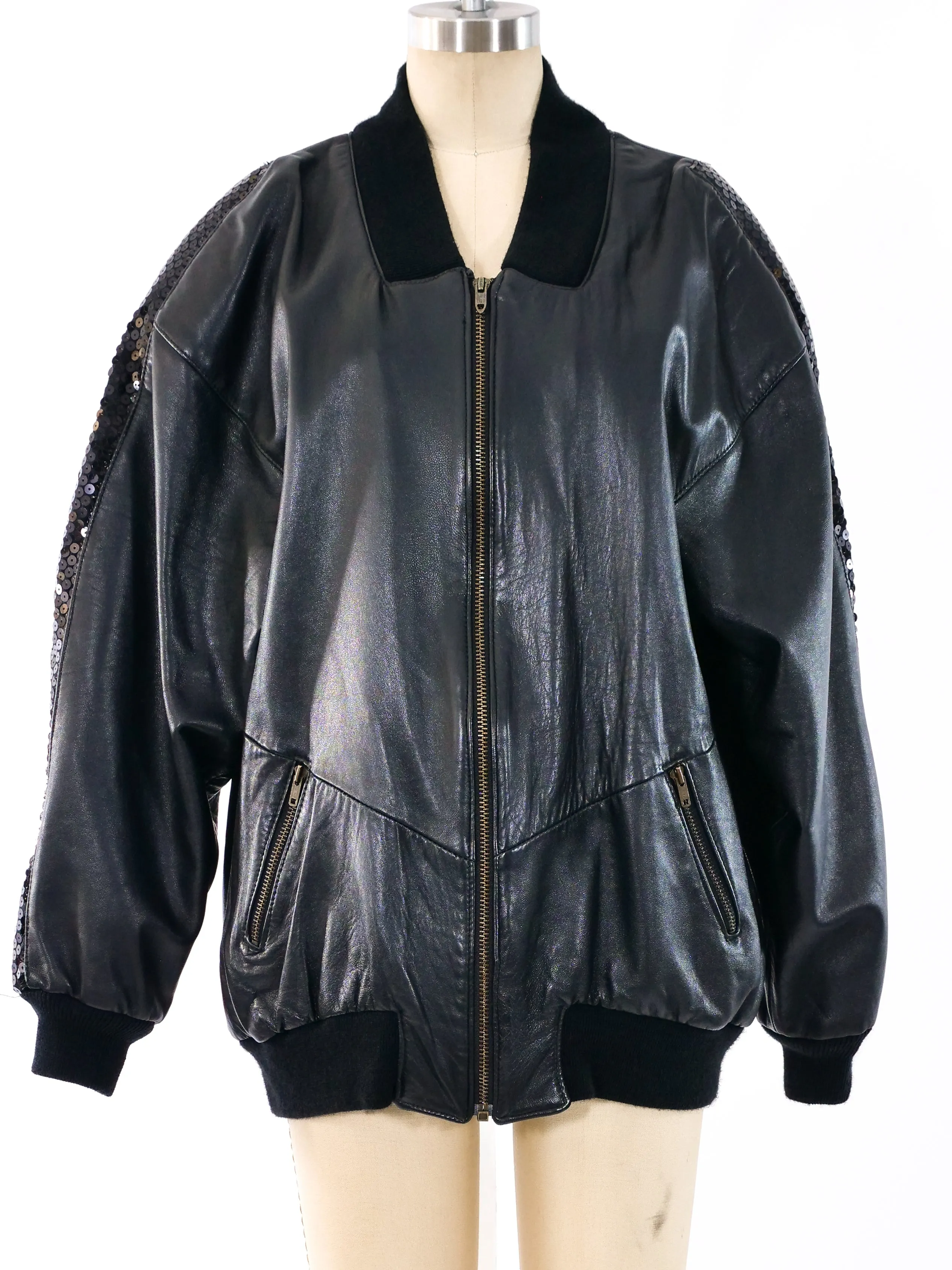 Sequin Trimmed Black Leather Bomber Jacket