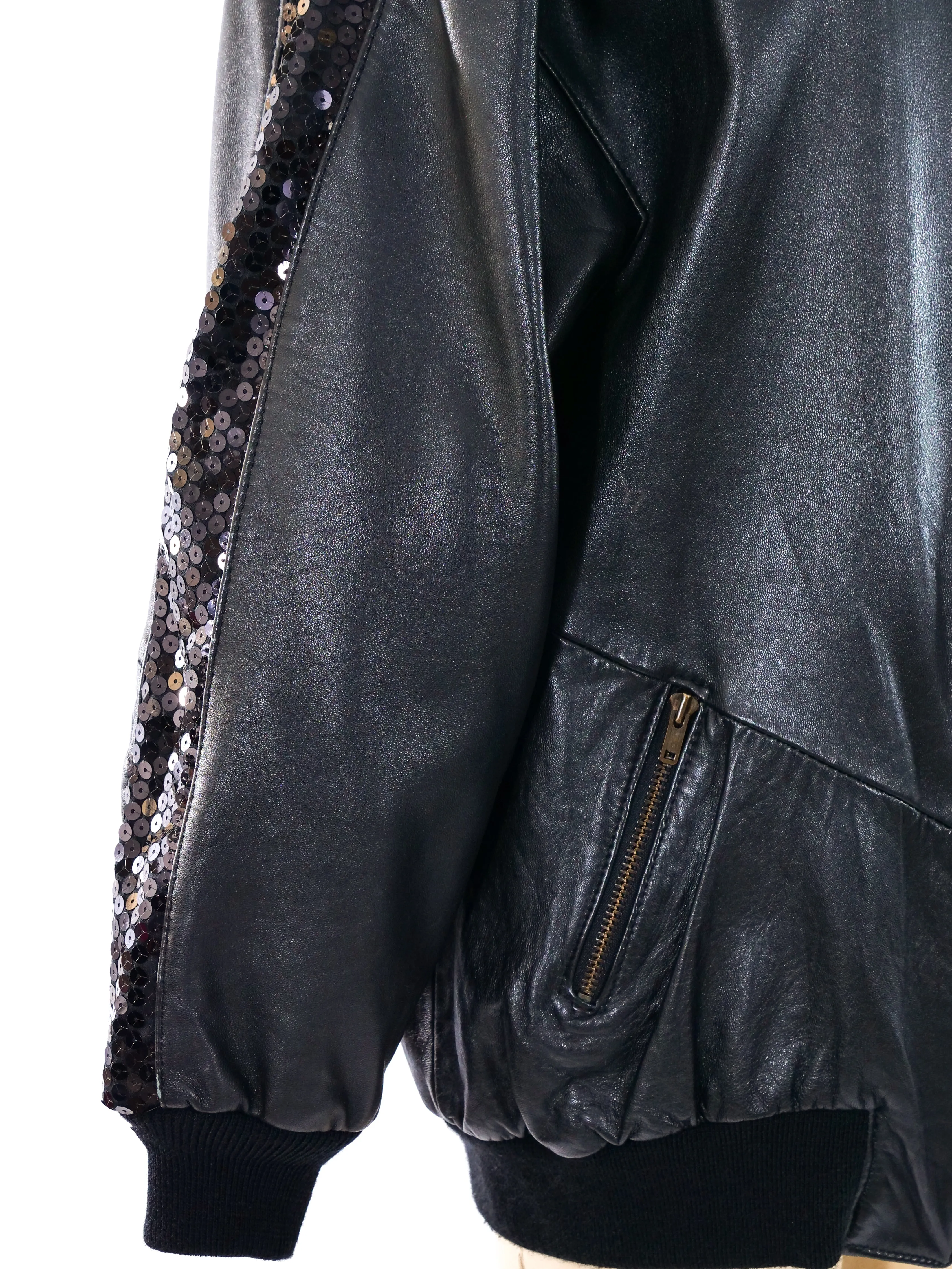 Sequin Trimmed Black Leather Bomber Jacket