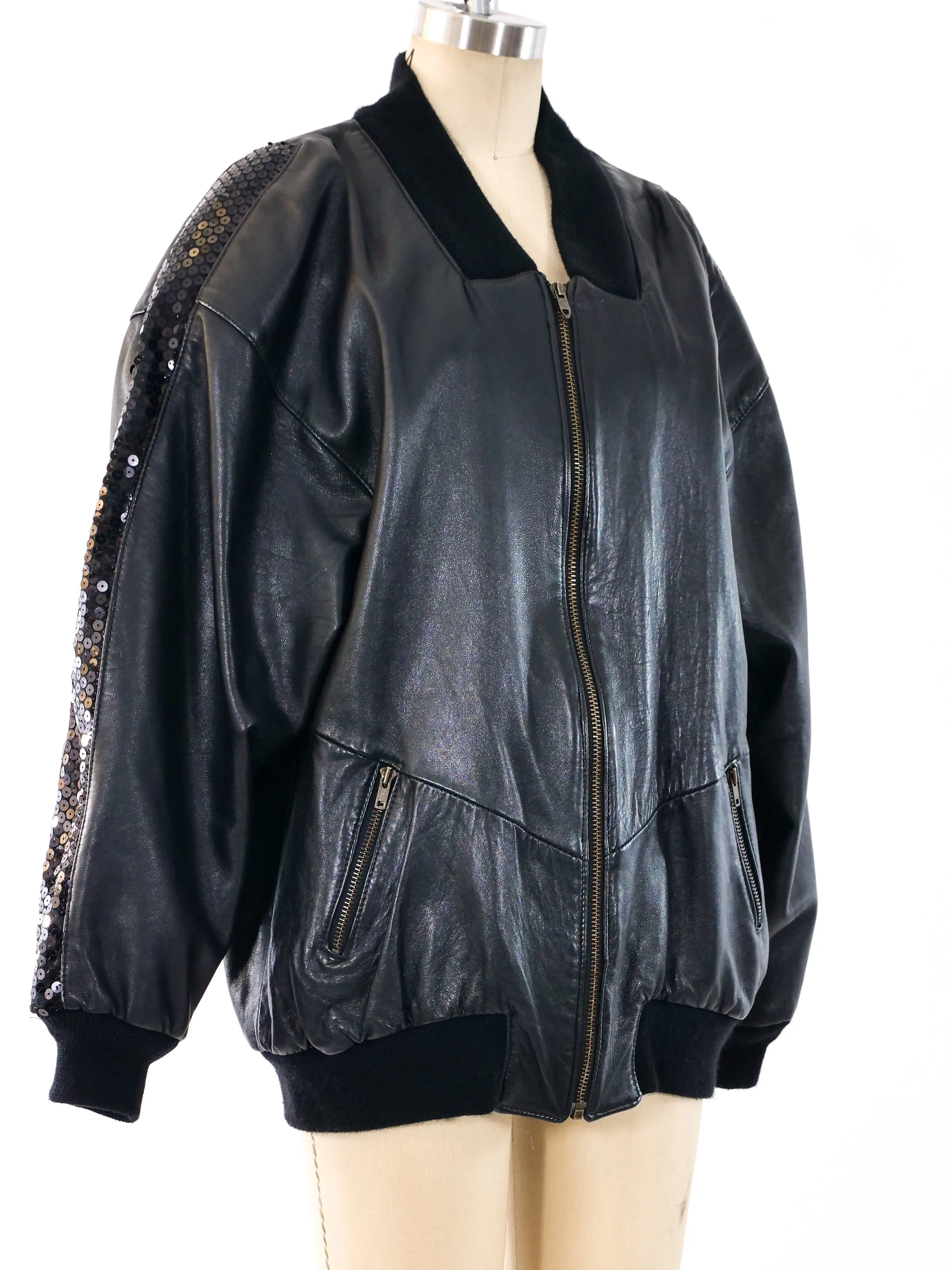 Sequin Trimmed Black Leather Bomber Jacket