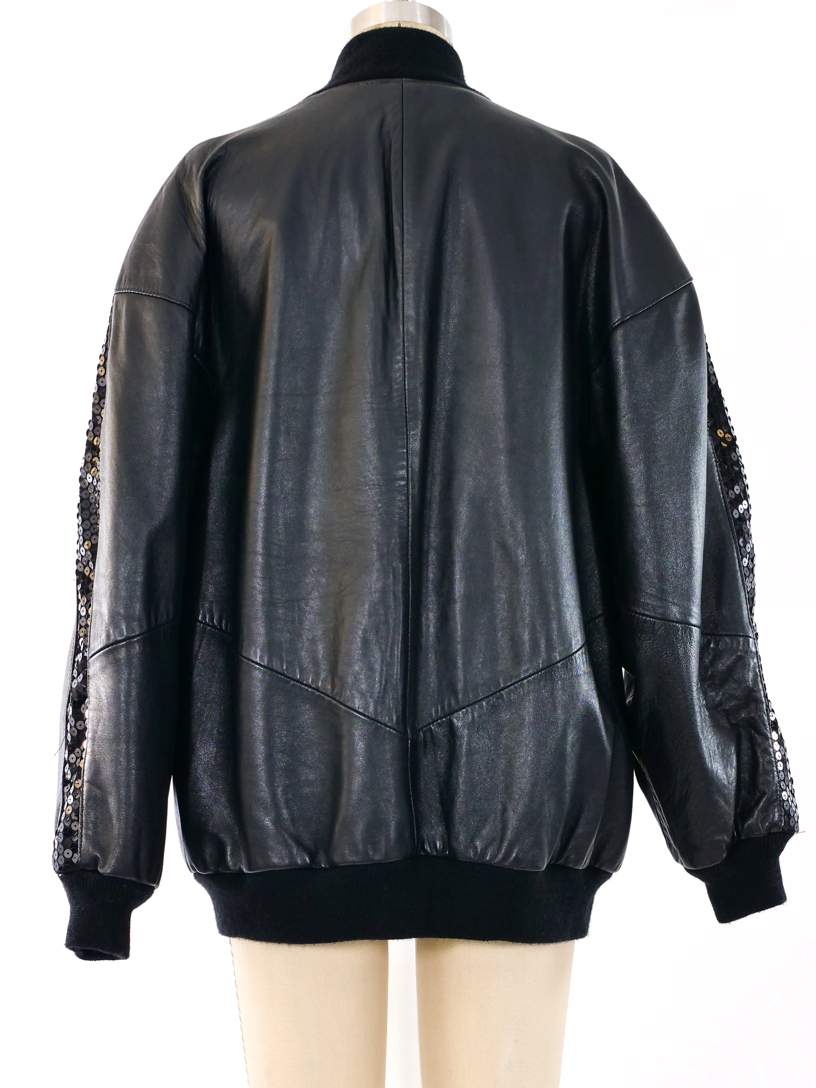 Sequin Trimmed Black Leather Bomber Jacket