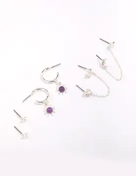 Silver Celestial Amethyst Chain Hoop Earring 4-Pack