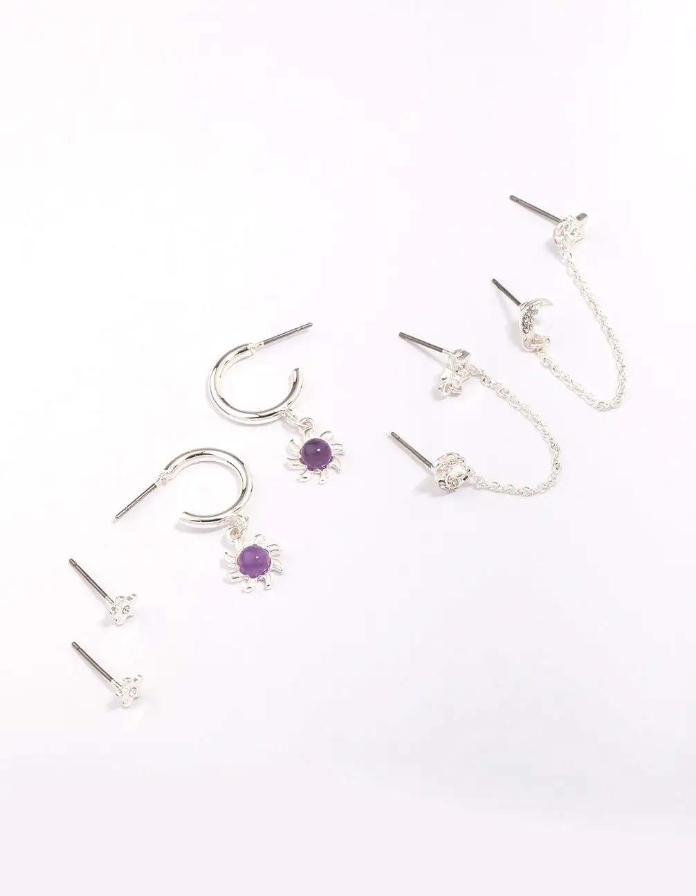 Silver Celestial Amethyst Chain Hoop Earring 4-Pack