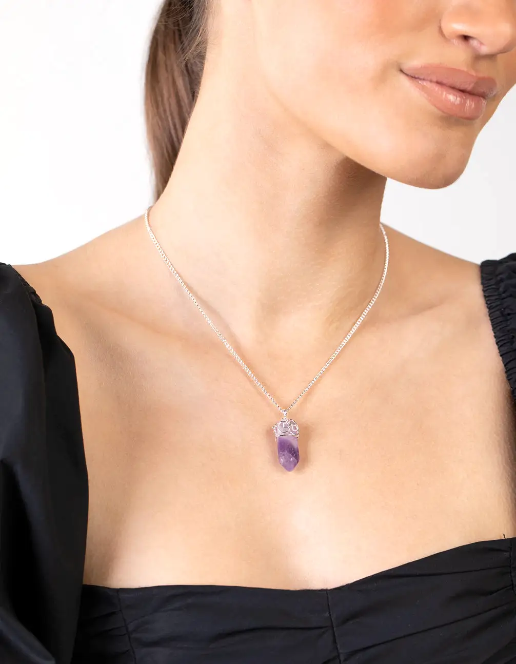 Silver Curled Amethyst Stone Necklace