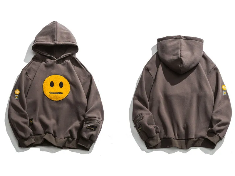 Smiley Patchwork Fleece Hoodies with Zipper Pocket