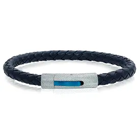 Stainless Steel Checkered Clasp Blue Braided Genuine Leather Bracelet