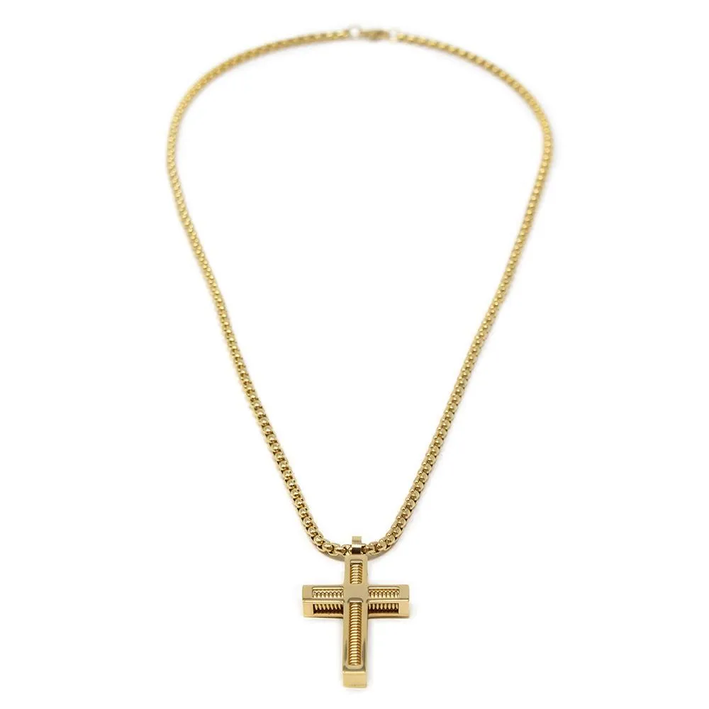 Stainless Steel Cross Pendant Spiral Center Gold Plated