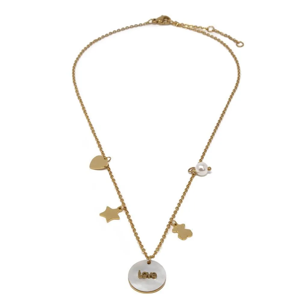 Stainless Steel MOP Love/Bear Charm Necklace Gold Plated