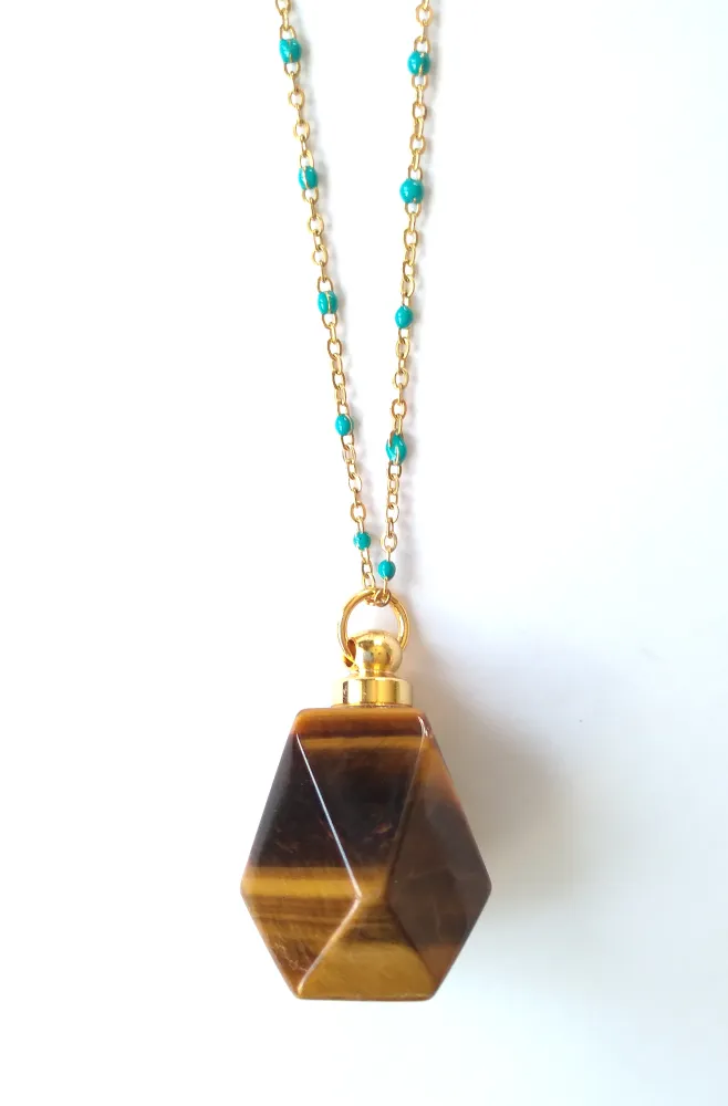 Tiger's Eye Faceted Hexagon Essential Oil Bottle Pendant gold