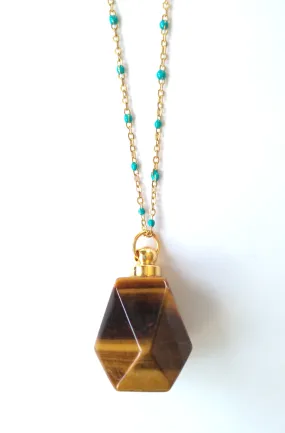 Tiger's Eye Faceted Hexagon Essential Oil Bottle Pendant gold