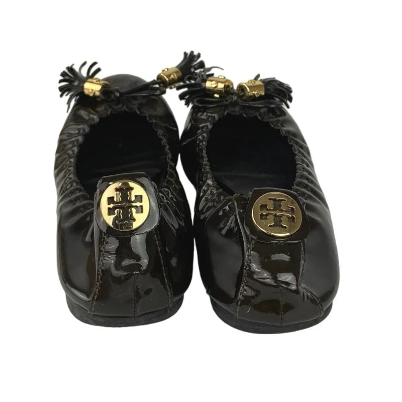 Tory Burch Reese Black Patent Tassels Slip On Casual Ballet Flat Shoes Size 8