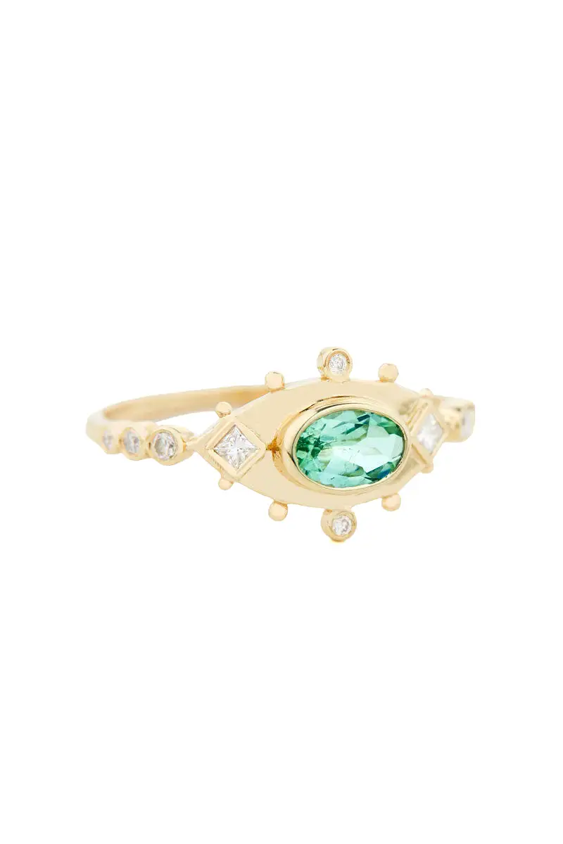 Turquoise Tourmaline & Diamonds Eye Ring - 14k Yellow Gold