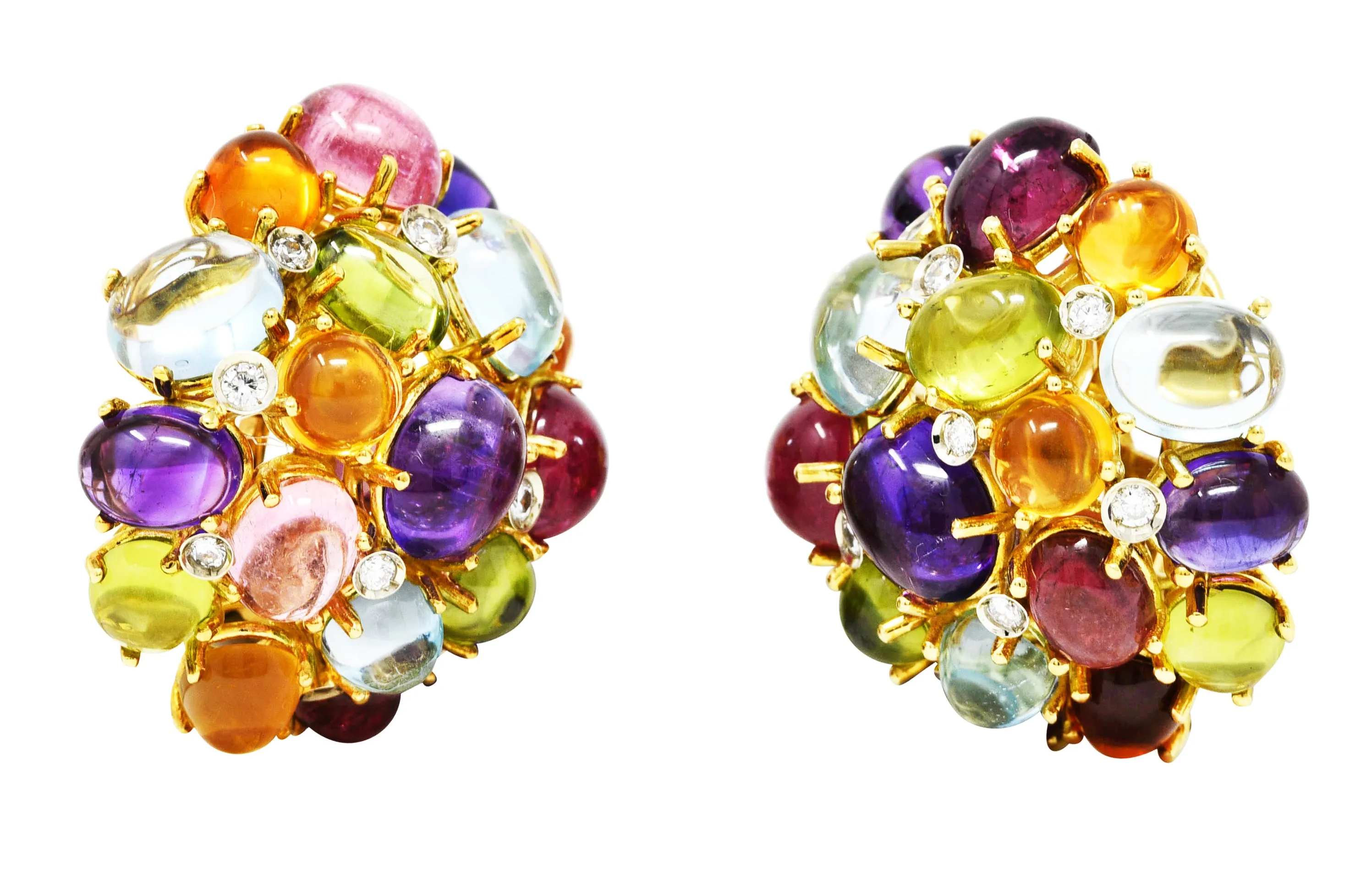 Valentino Amethyst Citrine Peridot Tourmaline 18 Karat Two-Tone Gold Vintage Cabochon Cluster Earrings